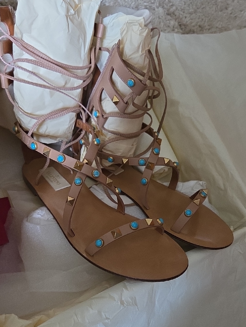 VALENTINO Nude Leather Gladiator Sandals with Turquoise & Gold Rock Studs